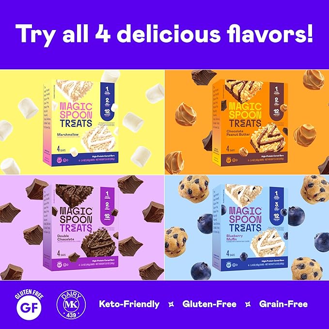 MAGIC SPOON Treats I High Protein Bars I Low Carb I Keto Friendly I 1g of Sugar I Gluten Free Crispy Treat I Cereal Bar & On-The-Go Healthy Snack (Blueberry Muffin, 8 Bars)