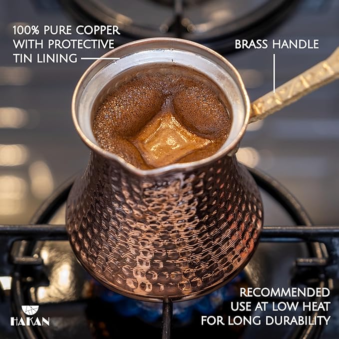 Hakan Turkish Coffee Pot | Stove Top Water Boiler, Coffee Maker, Butter, Chocolate & Milk Warmer | Even and Quick Heat with Handcrafted Copper Material | Coffee Gifts Idea, 16 Oz (475 cc)