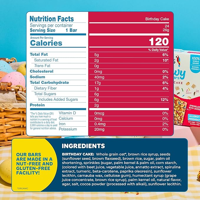 Blake’s Seed Based Chewy Granola Bars — Birthday Cake (24 Count), Vegan, Gluten Free, Nut Free & Dairy Free, Healthy Snacks for Kids or Adults, School Safe, Low Calorie Soy Free Snack