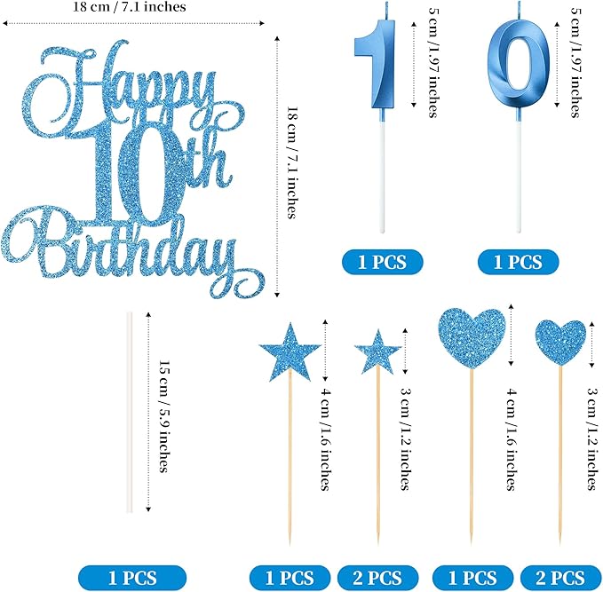 10th Birthday Cake Decorations, 10th Birthday Candles Cake Numeral Candles and Glitter Happy 10th Birthday Cake Toppers Set for Birthday Party Supplies (Blue)