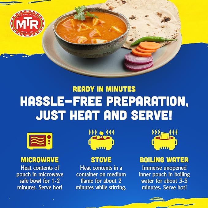 MTR - Minute Meals: Paneer Butter Masala - Creamy Cottage Cheese Curry - Tasty Indian Meal with No Added Preservatives - A Quick Meal Suitable for Vegetarians, Ready in Minutes! (Pack of 6)