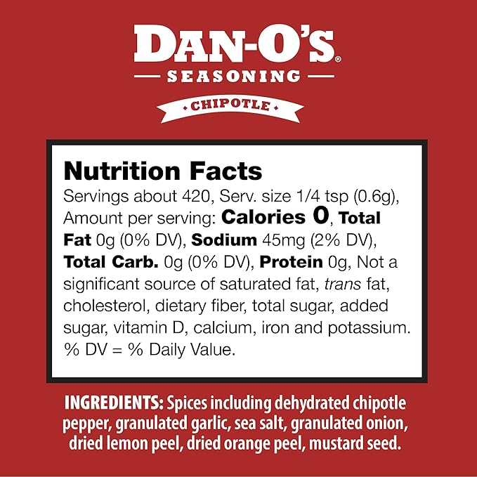 Dan-O's Chipotle Seasoning, 8.9 oz Bottle, All Purpose Seasoning for Chicken Wings, Pork, Brisket, Tacos and More, Sugar Free, Zero Calorie, Use this Spice Blend to Craft a Marinade, Dry Rub or Sauce