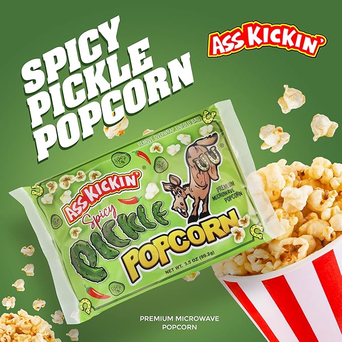 ASS KICKIN' Spicy Pickle Microwave Popcorn Bags - 12 Pack - Ultimate Spicy Pickle Gourmet Popcorn Gift - Makes a Great Movie Theater Popcorn or Snack Food for Movie Night (12)