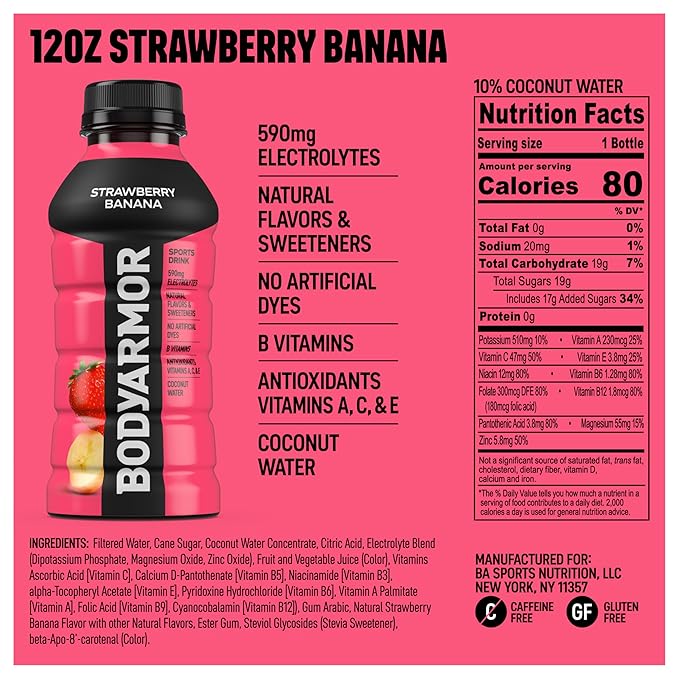 BODYARMOR Sports Drink Variety Pack, Coconut Water Hydration, Natural Flavors w Vitamins, Potassium Packed Electrolytes For Athletes, Strawberry Banana, Blue Raspberry, Orange Mango, 12 Oz - 24 pack