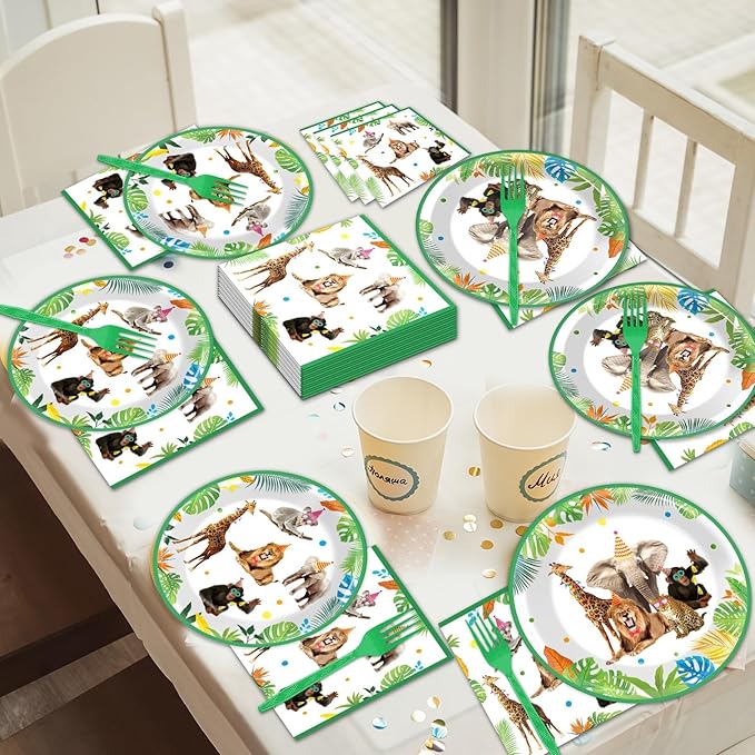 96Pcs Jungle Birthday Party Plates and Napkins Safari Animals Themed Party Decorations Jungle Theme Party Disposable Tableware Set for 24 Guests Wild Animals Gold Safari Zoo Birthday Favors Supplies