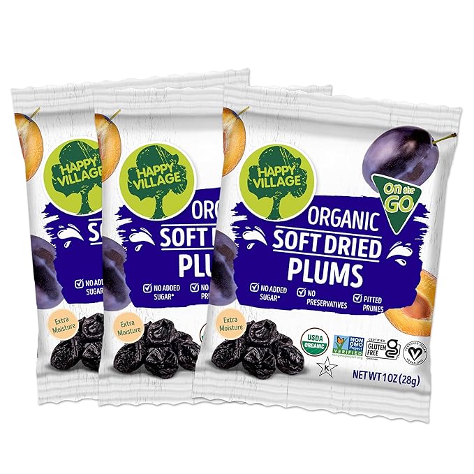 Happy Village Organic Soft Dried Prunes (Plums) On the Go – 3 Bags (15 Individual Portion Packs) | ORGANIC, NON-GMO, GLUTEN-FREE, Vegan, Kosher, | Healthy Dried Fruit Snack Packs