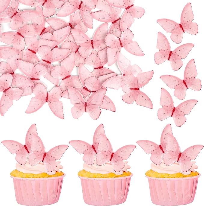 48 PCS Edible Butterfly Cupcake Toppers - Wafer Paper for Cake Decorating - Pink Butterfly Theme Baby Shower, Wedding, Birthday Party Cake Decorations Supplies