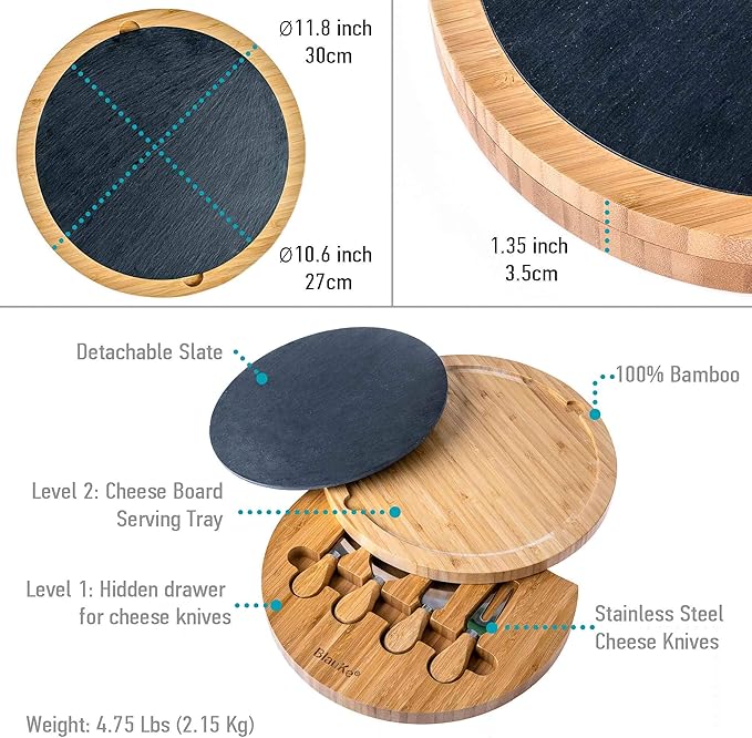 BlauKe Bamboo Cheese Board with Knife Set and Slate – 12 inch Round Charcuterie Board, Serving Tray, Platter, Wood Cheeseboard Set – Gift Idea