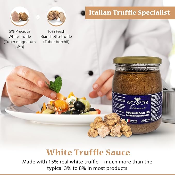 Diamante Italy White Truffle Sauce with High 15% White Truffle Content - Authentic Italian Gourmet White Truffle & Mushroom Sauce - Non GMO, Vegan & Made in Italy - 500g
