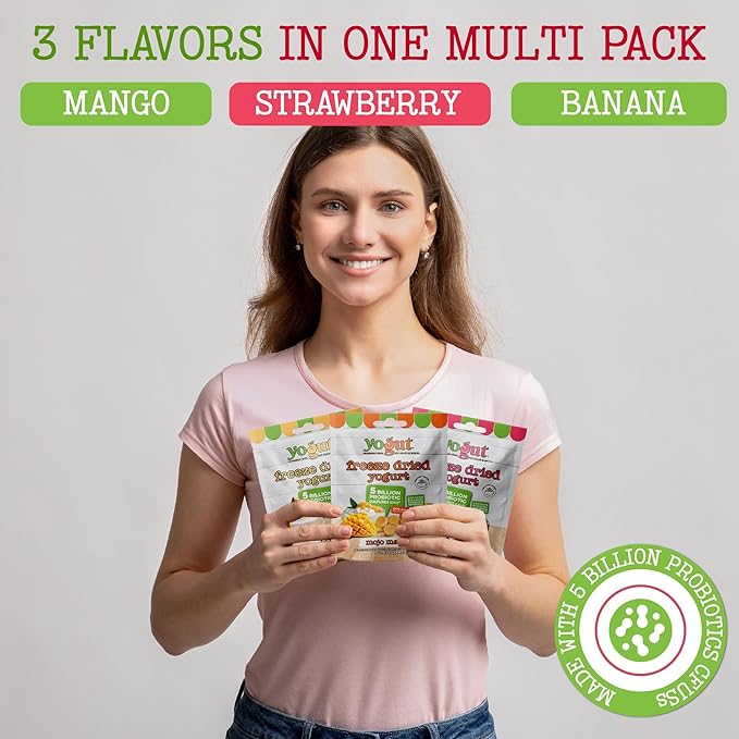YoGut Freeze Dried Yogurt Snack, Variety Pack, 6 Pack, Healthy Snacks for Kids, Toddlers & Adults, Gluten Free, Non GMO, With 5 Billion Live Probiotics, Vitamins & Minerals, Individual Snack Packs