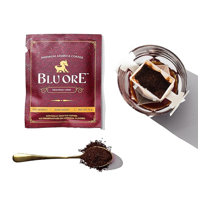 Blu Ore Premium Vietnamese Coffee - Single Serve Pour Over (8 Pack) - 100% Arabica Drip Bag Coffee, Eco-Friendly Filter, Travel Friendly, No Preservatives - Dark Roast