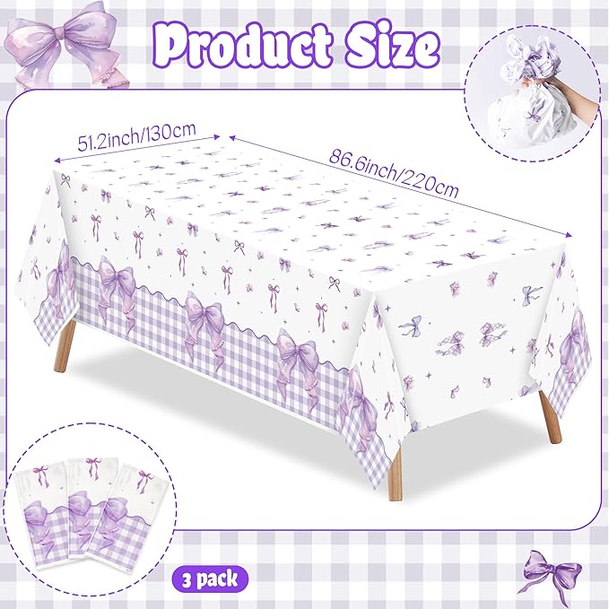 3Pcs Purple Bow Party Tablecloths - Coquette Bow Knot Party Table Covers Decorations Coquette Purple Rectangular Plastic Disposable Table Cloth Decor for Kids Girls Women Birthday Baby Shower Supplies