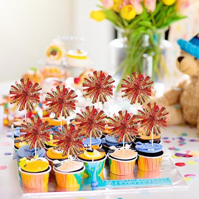 Rsstarxi 30 Pack Foil Firework Cupcake Toppers Sparkle Tinsel Drink Cake Decorations Cocktail Picks for New Years Valentine's Day Birthday Wedding Graduation Party Decorations Gold Red