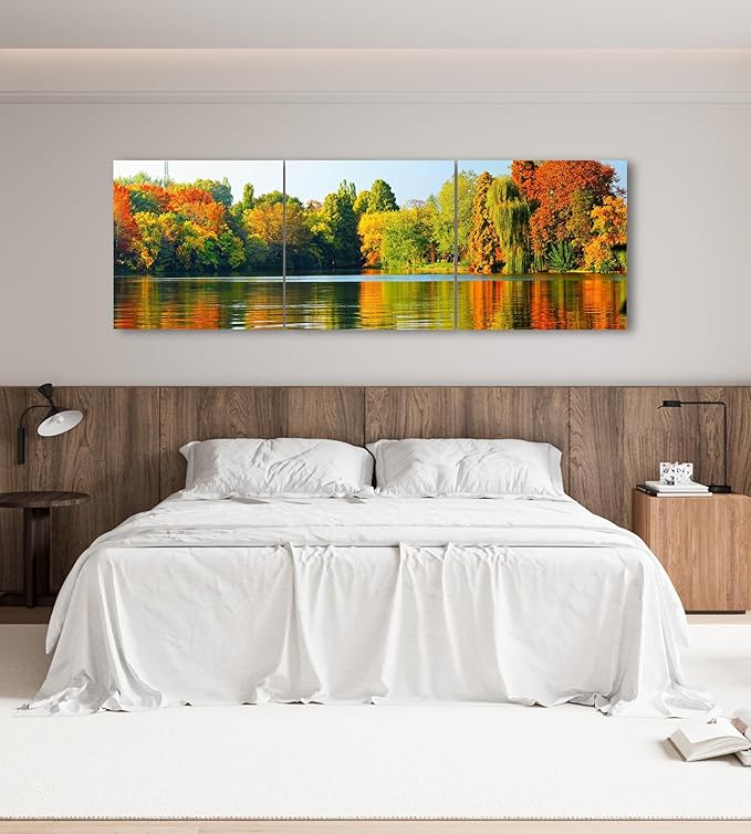 Fall Forest Lake Landscape Canvas Wall Art Decor - 24x24 3 Piece Set (Total 24x72 inch) - Large Decorative & Modern Multi Panel Split Prints for Dining & Living Room, Kitchen, Bedroom & Office