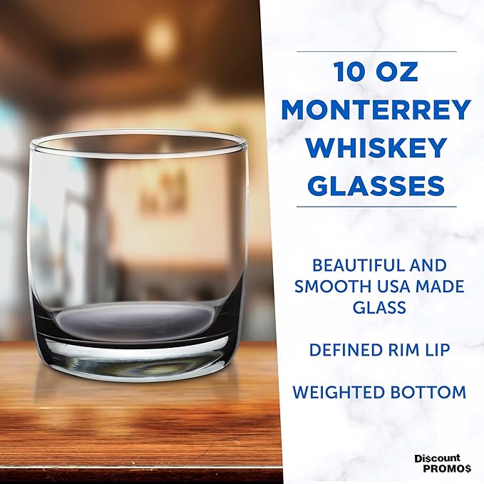 DISCOUNT PROMOS Monterrey Whiskey Glasses, 10 oz Set of 10, Bulk Pack - Heavy Base Old Fashioned Drinking Glass, Bourbon, Scotch Rocks Glasses - Black Bottom Color