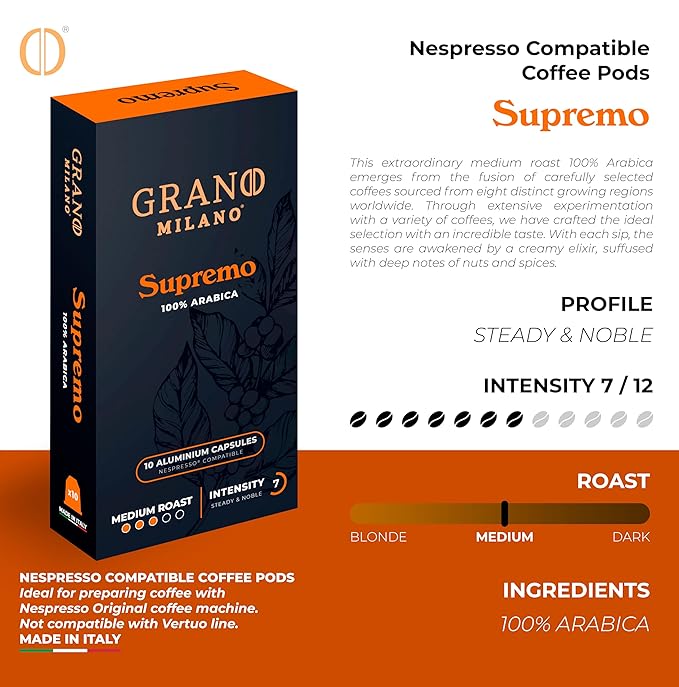 New Grano Milano Supremo Coffee Capsules - 50 Aluminum Coffee Pods Compatible with Nespresso Original line, 100% Arabica Medium Roast - Intensity 7/12, Made in Italy