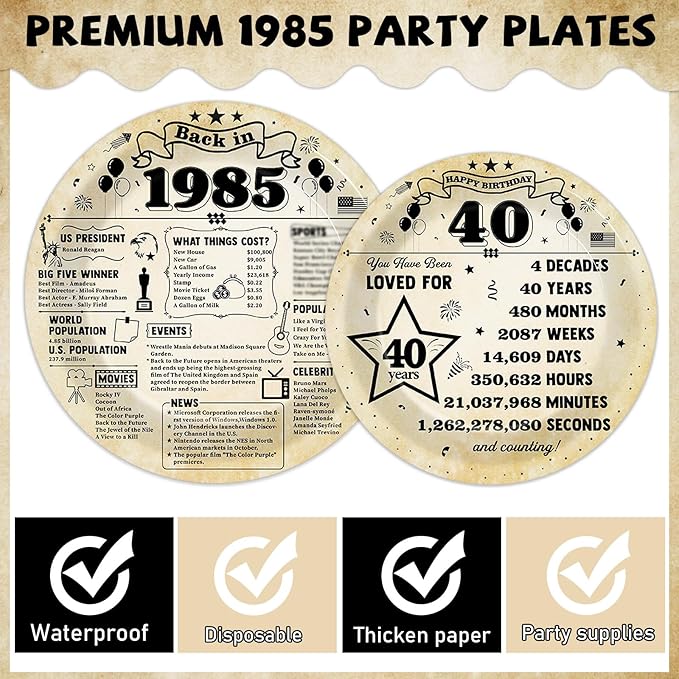 96Pcs 40th Birthday Plates and Napkins Back in 1985 Party Decorations Vintage 40 Year Old Dessert Plates 1985 Birthday Cheers to 40 Years Theme Tableware Set for 24 Guests Men Women Party Supplies