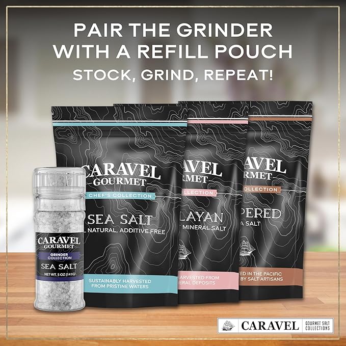 Coarse Sea Salt with Clean and Crisp Flavor ??Non-Iodized Coarse Grain Kosher Salt for Finishing, Cooking, and Seasoning ??5 oz Grinder, Caravel Gourmet