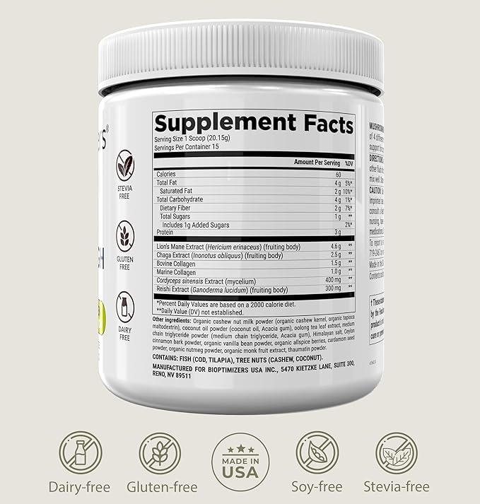 BIOptimizers Mushroom Coffee Alternative ??Chai Drink ??Lion?™s Mane, Chaga, Reishi + Collagen Peptides for Focus, Energy & Gut Health ??Adaptogenic Mushrooms & MCT Powder ??15 Servings