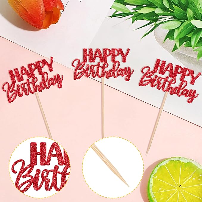 30 PCS Happy Birthday Cupcake Toppers Glitter Happy Birthday Cupcake Picks for Celebrating Birthday Anniversary Theme Party Cake Decorations Supplies Red