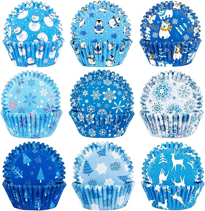SANNIX 450pcs Winter Christmas Cupcake Liners Santa Snowflakes Cupcake Wrappers Baking Cups Paper Wraps Muffin Liners for Xmas Winter Birthday Party Candy Cake Decorations Supplies(9 Designs)