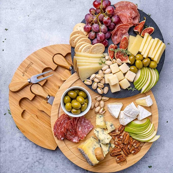 BlauKe Bamboo Cheese Board with Knife Set and Slate – 12 inch Round Charcuterie Board, Serving Tray, Platter, Wood Cheeseboard Set – Gift Idea