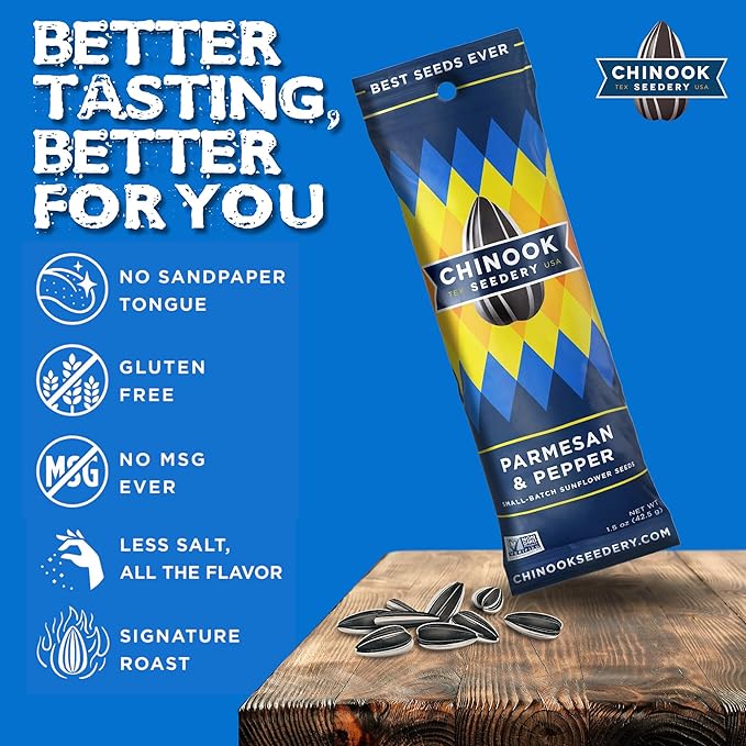 Chinook Seedery Roasted Sunflower Seeds to Eat -1.5 oz (Pack of 36) Parmesan & Pepper - Jumbo Low Sodium Sunflower Seeds Keto Snacks - Adventure, Baseball, School Snacks - Gluten Free, Non GMO Snacks