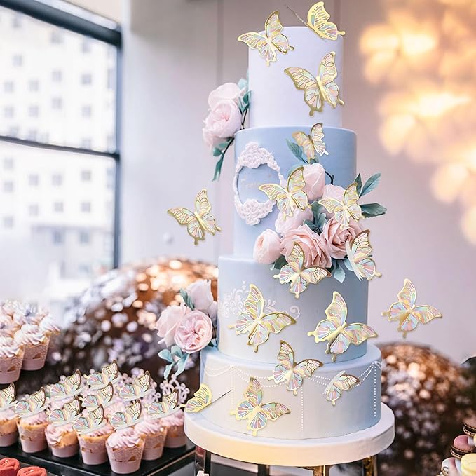30pcs Color Gold Edge Mixed Size Lively 3D Waterproof Butterfly Cupcake Topper for Girls Women's Happy Birthday Wedding Party Cake Wall Party Food Decorations