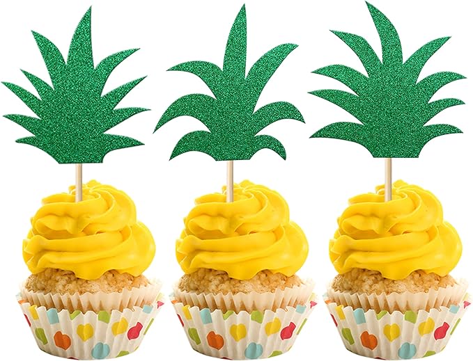 Rsstarxi 30 Pack Pineapple Cupcake Toppers Glitter Hawaiian Luau Cake Decorations Donut Pineapple Leaf Cupcake Picks for Tropical Aloha Baby Shower Kids Birthday Party