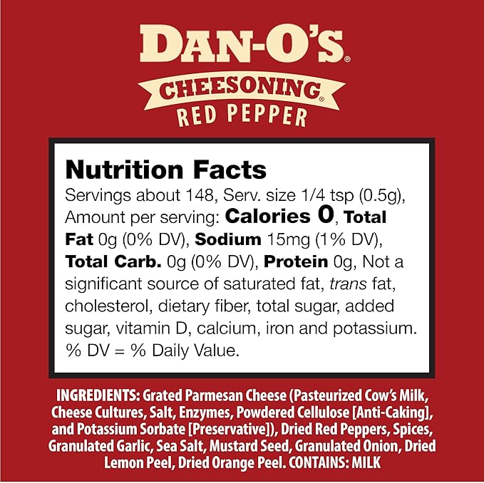 Dan-O's Red Pepper Cheesoning Seasoning, 2.6 oz Bottle, 2 Pack, Cheesy Seasoning for Pizza, Popcorn, Chicken and More, Sugar Free, Zero Calorie, Bold Parmesan Cheese Replacement for your Favorite Food