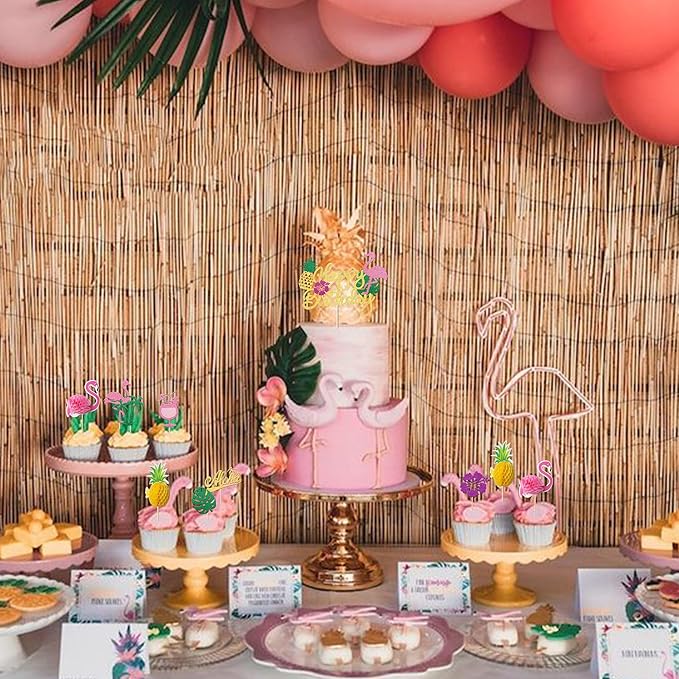 33 Pack Happy Birthday Cake Topper Tropical Luau Cake Pick Glitter Flamingo Plam Leave Pineapple Cupcake Decoration for Summer Baby Shower Birthday Party Supplies