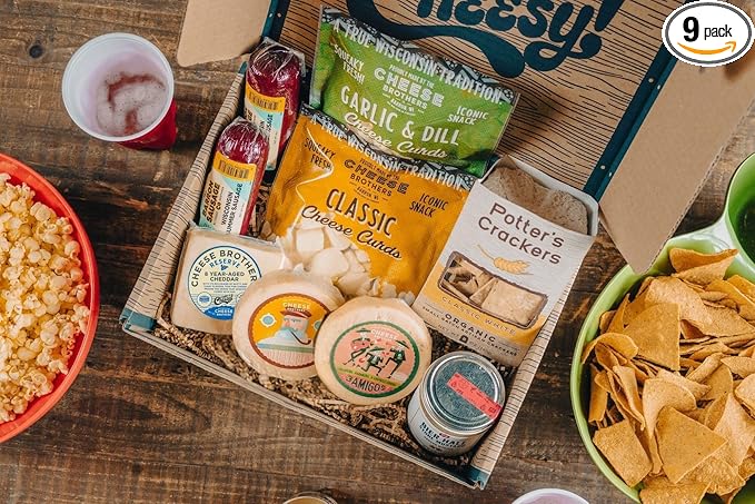 Cheese Bros Game Day Deluxe Gift Box | Fresh from Wisconsin | Includes Goudas, Curds, 8-Year Aged Cheddar, Mustard, Summer Sausage and Organic Crackers | Tailgating Snacks for Everyone