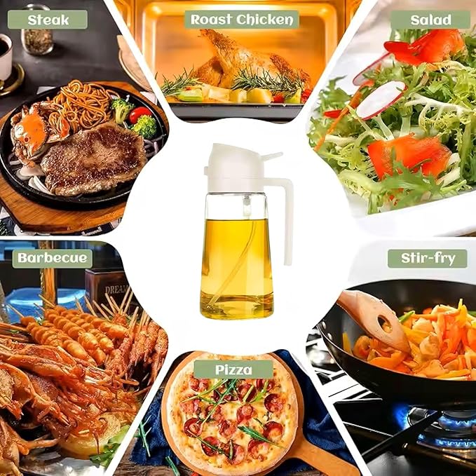 Oil Sprayer for Cooking 2 in 1, 470ml/16oz, Oil Spray & Dispenser Glass Bottle, Food-grade material for Kitchen, Salad Dressing, Frying, Air Fryer & BBQ (Creamy White)