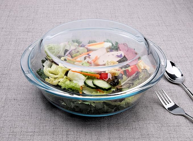 Round Glass Casserole Dish with Glass Lid, Nesting Glass Baking Dish, Heat, Cold and Shock Proof, Oven, Freezer and Dishwasher Safe (1.8L)