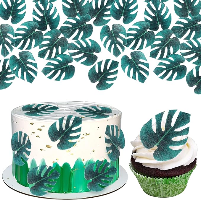 50 PCS Edible Tropical Palm Leaves Cupcake Toppers Wafer Paper Turtle Leaf Cupcake Picks Edible Leaves Cake Decorations for Hawaii Aloha Jungle Theme Baby Shower Summer Birthday Cake Decor Supplies