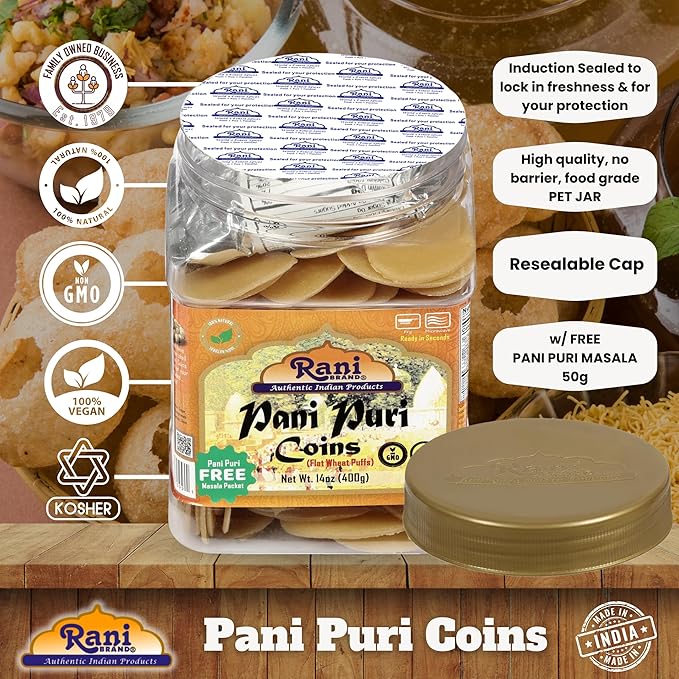 Rani Pani Puri Coins (Uncooked, Microwaveable Wheat Semolina Coins) 14oz (400g) w/Pani Puri Masala (14-Spice Blend for Indian Spicy Water) 1.75oz (50g) ~ All Natural | Vegan | NON-GMO | Kosher