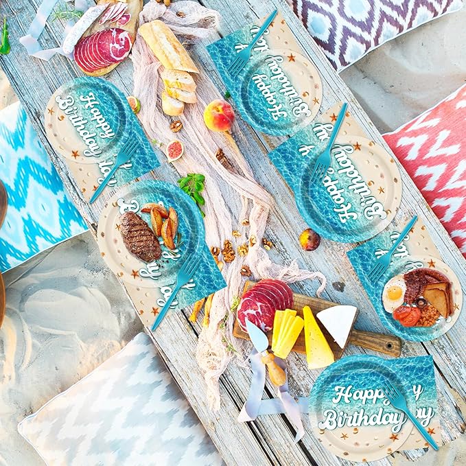 96Pcs Beach Happy Birthday Plates and Napkins Ocean Waves Ocean Seashell Party Decorations Beach Themed Party Dessert Plates Summer Pool Tableware for 24 Guests Hawaiian Supplies