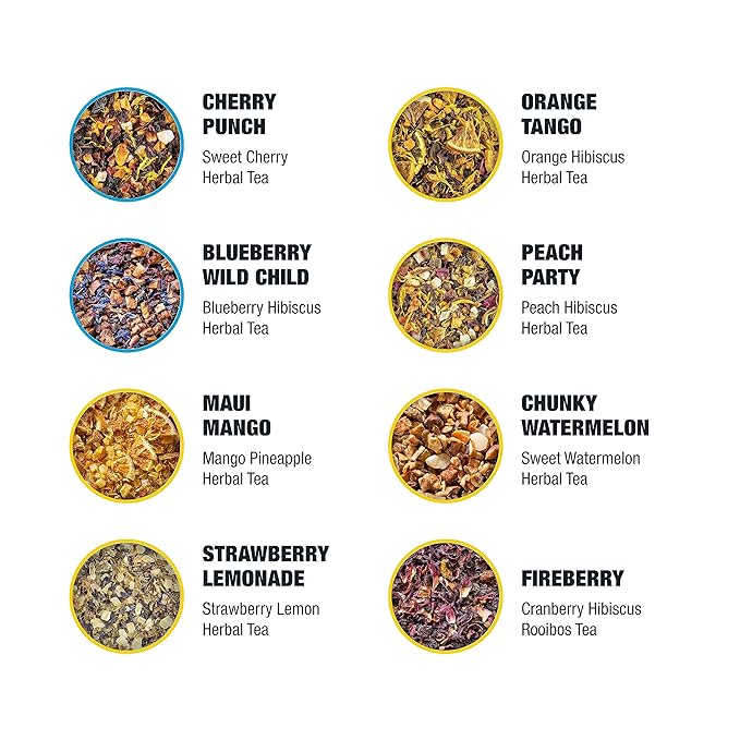 Tiesta Tea - Fruity Tea Sampler Dry Flight Set, Loose Leaf, No Caffeine, Makes Hot and Iced, Assorted Fruit Brews with Mango, Peach, Orange Drinks & More, 8 Resealable Sample Pouches