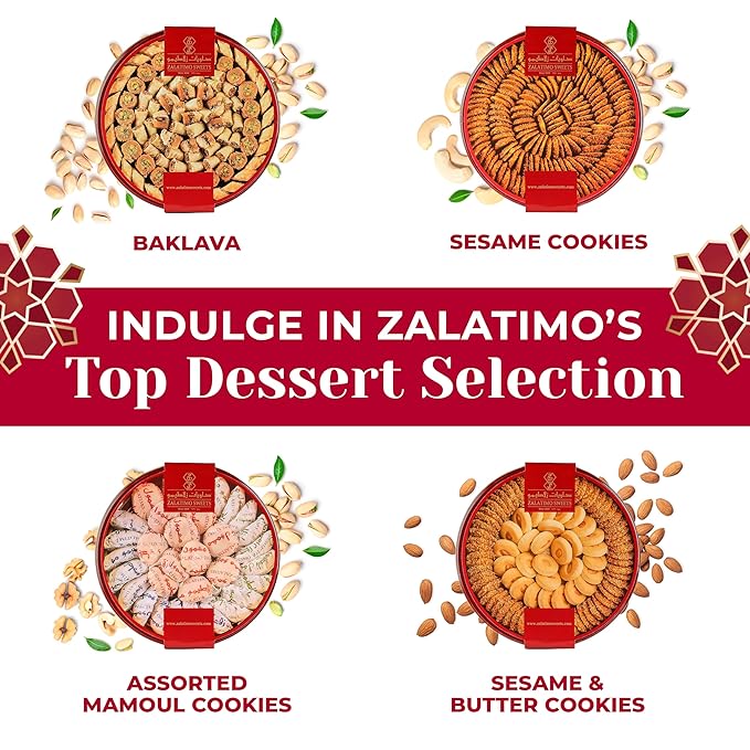 Zalatimo Sweets Since 1860 Cookies Gift Box, 100% Natural Slightly Sweet Shortbread Cookies Variety Pack, Assorted Cookies in Metal Gift Tin, Great for Christmas, Thanksgiving & Birthdays (Pack of 4)