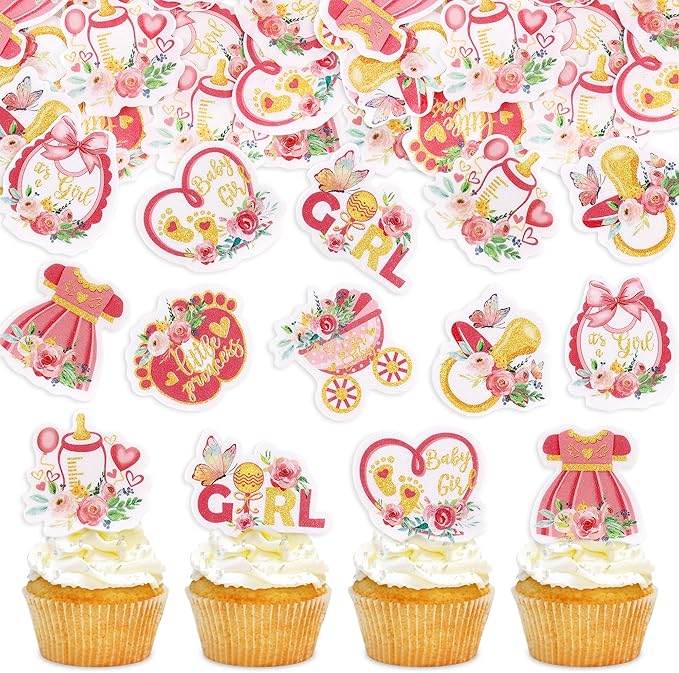 40Cyodoos 40Pcs Edible Pink Rose Gold Baby Shower Cupcake Toppers for Girls Floral It's a Girl Gender Reveal Party Girl Birthday Party Supplies