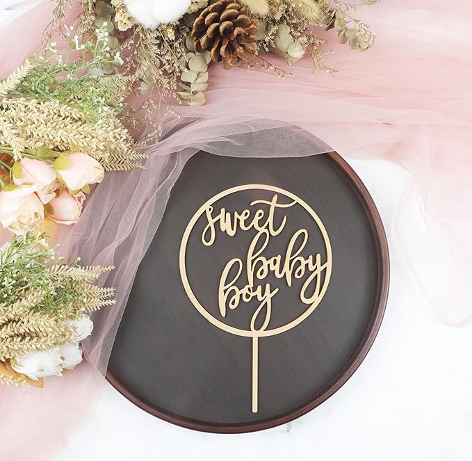 Sweet Baby Boy Cake Topper - Wooden Oh Boy Baby Shower Cake Decorations for Boys - Baby Shower Cake Topper for First Birthday/Gender Reveals Party, Photo Booth Props