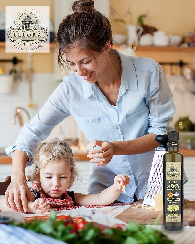 Ellora Farms, Greek Extra Virgin Olive Oil, Single Estate PDO Messara, Greece, Non GMO, cold-pressed, Polyphenol, Glass Bottle, 17 FL oz