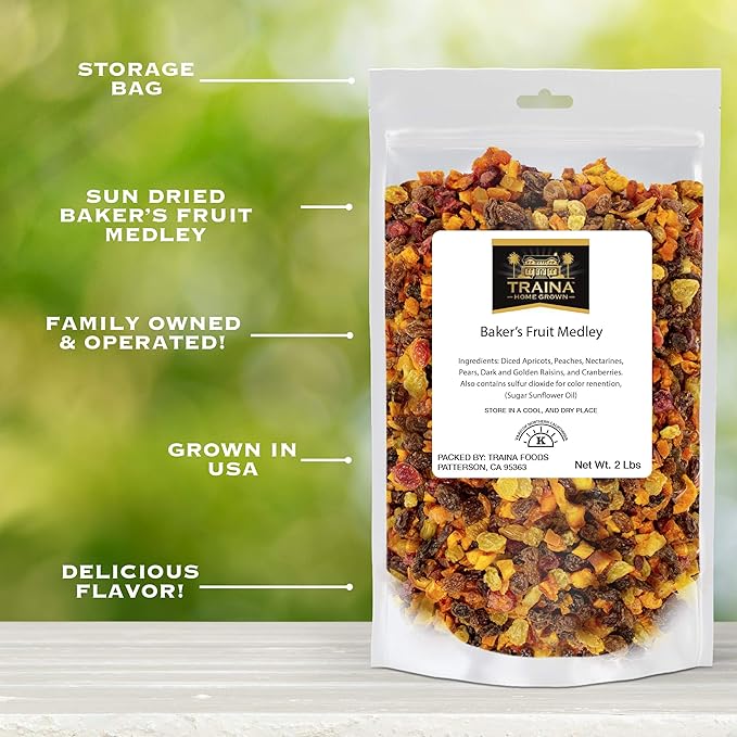 Traina Home Grown Sun Dried Baker?셲 Fruit Medley - Diced Peaches, Cranberries, Apricots, Pears, Nectarines, and Raisins - Non GMO, Gluten Free, Packed in Resealable Pouch (2 lbs)