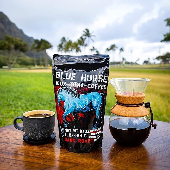 Blue Horse 100% Kona Coffee, Dark Roast Ground Arabica, 16 oz (1 lb) Bag. Farm Fresh Hawaiian Coffee, Smooth & Bold Flavor, Hand-Picked & Sun-Dried for Rich Aroma