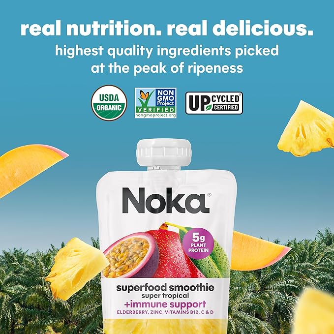 Noka Superfood Fruit Smoothie Pouches, Super Tropical with Immune Support, Healthy Snacks with Elderberry, Vitamin C, Flax Seed and Plant Protein, Vegan, Gluten Free, Organic Fruit Squeeze Pouch, 4.22 oz, 12 Count