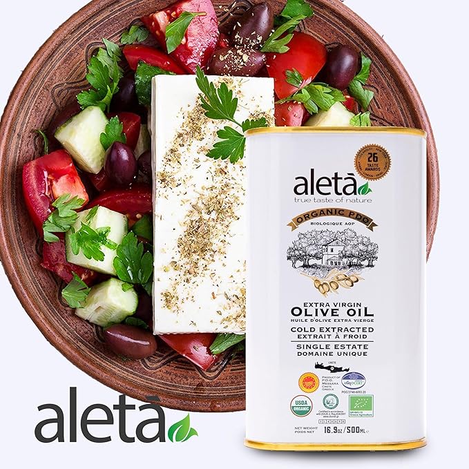Aleta Farms Olive Oil Extra Virgin, USDA Organic, Single Estate PDO Polyphenol Rich Olive Oil, Cold Pressed, Global Gold Awards, EVOO, Kosher. 16.9 Fl Oz (Pack of 1)