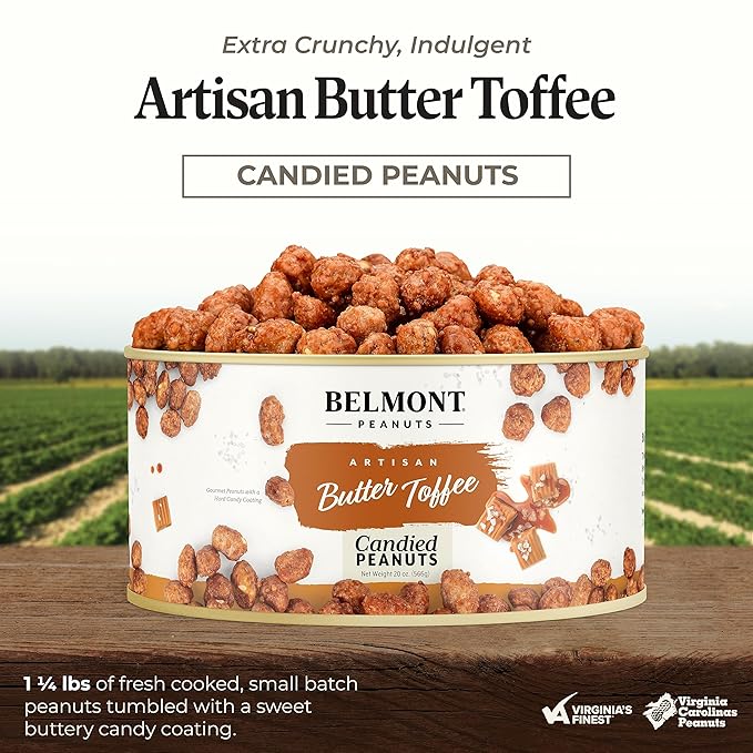 Belmont Peanuts Gourmet Butter Toffee Candied Peanuts, 20 oz (2 Pack) ??Only 4 Ingredients, No Preservatives, 3g Protein ??A Premium, Sweet, Buttery, Salty, Crunchy, Hand Seasoned Snack