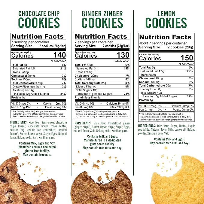 Tate's Bake Shop Gluten Free Cookies Variety Pack, Lemon, Ginger Zinger and Chocolate Chip Cookies, 3 - 7 oz Bags