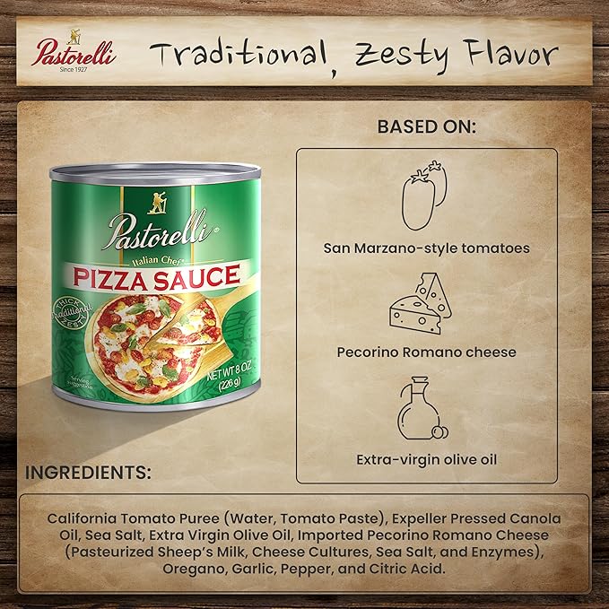 Pastorelli Pizza Sauce, Original Authentic Italian Pizza Sauce with Extra Virgin Olive Oil and Pecorino Romano Cheese Shredded, Since 1952 Family Pizza Sauce Recipe, 8 Ounce, 6-Pack