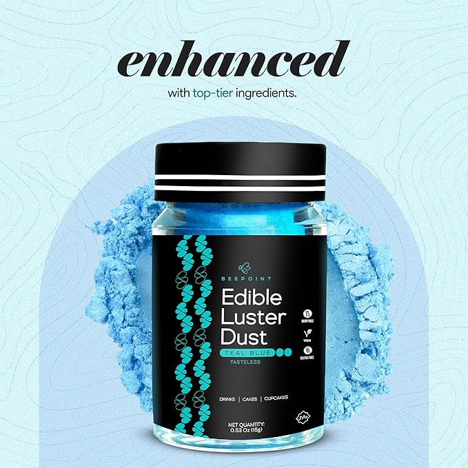 BeePoint Teal Blue Edible Luster Dust 15g - Food Grade, Vibrant Color Shimmer Powdered Dust for Drinks, Cocktails, Cake Decorating, Baking, Chocolates, Candy, Sweets, & Cookies - Vegan & Gluten Free